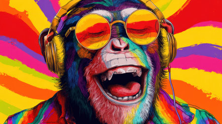 This vibrant portrait features a colorful monkey wearing sunglasses and headphones, expressing joy against a dynamic psychedelic background.の素材
