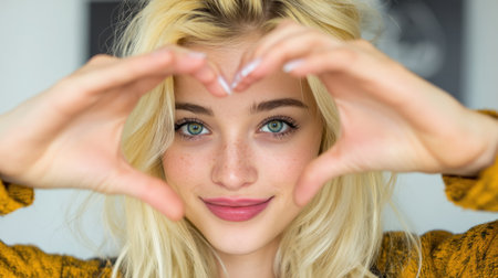 A young woman with beautiful blonde hair creates a heart shape with her hands, showcasing joy and affection. The natural light and warm colors enhance the positive and friendly atmosphere.の素材