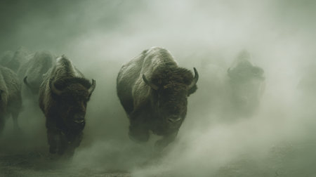 A stunning image of a herd of bison charging through a foggy landscape, showcasing their strength and majesty in a captivating natural setting.の素材