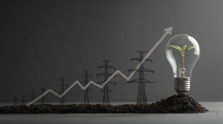 A compelling visual representation of growth and innovation, featuring a light bulb with a seedling, a rising graph, and power poles, symbolizing sustainable development.の素材