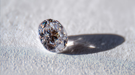 A stunning round cut diamond placed on a white surface, showcasing its brilliant facets and stunning reflections under natural light, emphasizing its luxury and beauty.の素材