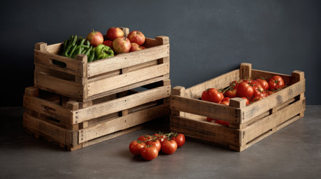 Exquisite arrangement of fresh tomatoes and green peppers displayed in rustic wooden crates, showcasing vibrant colors and healthy produce.の素材
