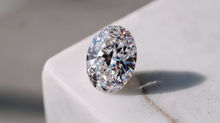 A stunning oval cut diamond resting on a marble surface, exhibiting brilliant reflections and sparkles, ideal for luxury themes and jewelry.の素材