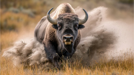 A powerful American bison charges through a dusty prairie, showcasing its strength and majesty. The golden hour light enhances the wild beauty of this iconic animal in its natural habitat.の素材
