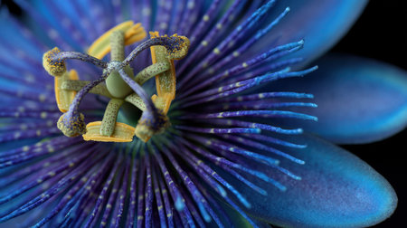 This stunning close-up image captures the intricate details of a passionflower blossom, showcasing its vibrant blue and purple hues. A perfect representation of nature's beauty.の素材