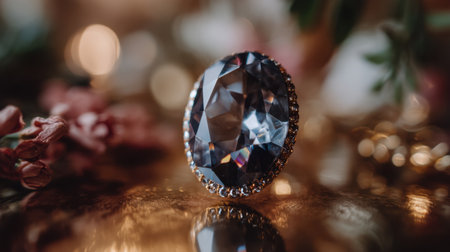 A stunning close-up image of an elegant faceted gemstone ring showcasing intricate details against a beautifully blurred background.の素材