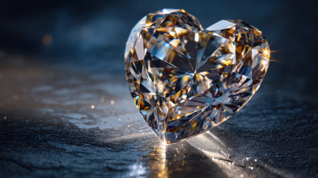 This stunning heart-shaped crystal radiates light and beauty, showcasing brilliant reflections against a dark background, perfect for evoking luxury and romance.の素材