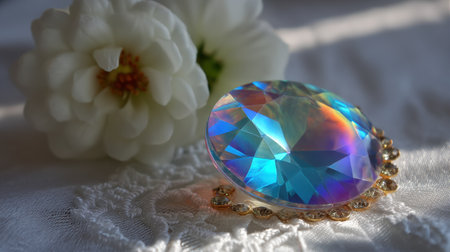 A stunning colorful gemstone rests on soft fabric, illuminated by gentle light, accompanied by a delicate flower, creating an elegant decor setup.の素材
