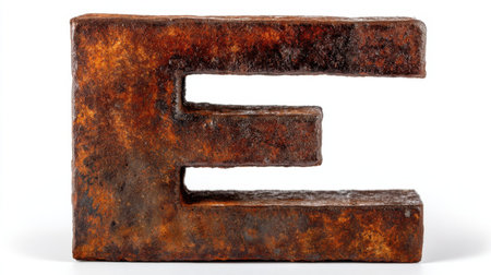 A vintage rusty letter E sculpture made of metal, isolated on a white background, perfect for creative design projects and artistic displays.の素材