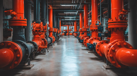 A well-lit industrial water pumping station featuring bright orange pipes and valves. The spacious interior showcases advanced machinery and efficient design.の素材