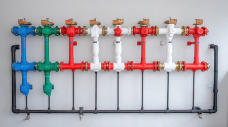 This image showcases a vibrant array of industrial pipes in various colors, mounted on a wall. The installation features essential plumbing components for water distribution.の素材