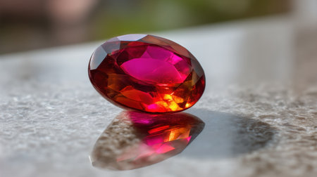 This exquisite oval red gemstone showcases brilliant facets and captivating colors, creating a stunning visual effect on a polished surface.の素材