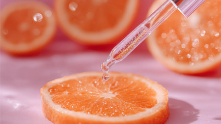 A vivid depiction of a fresh orange slice with a dropper releasing liquid. Captures the essence of freshness and natural ingredients in a vibrant setting.の素材