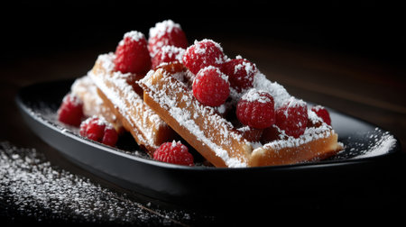A plate of freshly made waffles adorned with juicy raspberries and a light dusting of sugar. Perfect for breakfast or a sweet indulgence.の素材