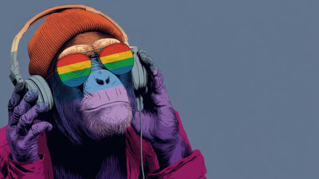 A vibrant and playful illustration of a monkey wearing rainbow sunglasses and headphones, radiating joy and individuality against a gray backdrop.の素材