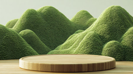 This serene image features soft rolling hills in vibrant green hues, complemented by a round wooden platform set in inviting natural light, ideal for displays.の素材