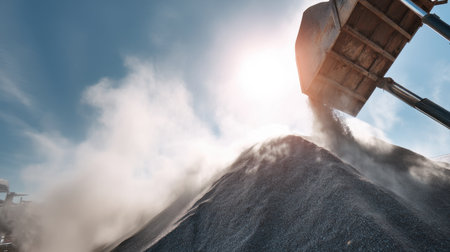 Industrial machinery operates in a construction site, where gravel is poured into a large pile under sunlight and blue skies. Dust clouds illustrate the energy of the work.の素材