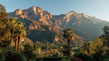 Experience the breathtaking beauty of mountains illuminated by sunset, with vibrant palm trees and rich vegetation creating a serene outdoor paradise.の素材