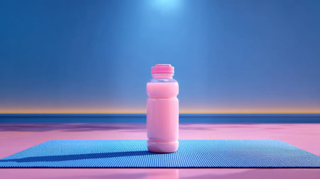 A visually striking image of a pink beverage bottle placed on a yoga mat against a soft gradient background, symbolizing health and wellness. Perfect for fitness and nutrition themes.の素材