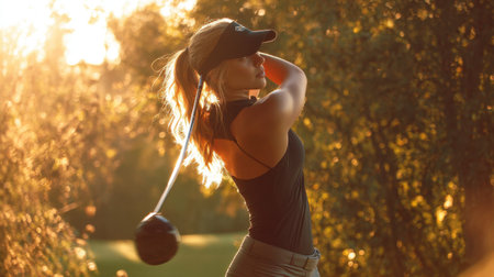 A young woman captures the essence of golf as she swings her club at sunset, illuminated by golden light amidst a lush green backdrop.の素材