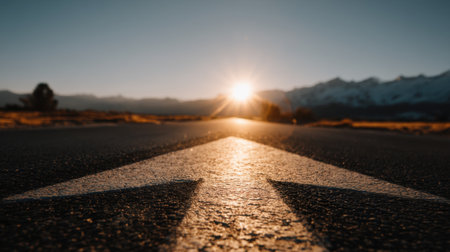 A mesmerizing sunset scene captured along an open road, featuring an arrow pointing towards majestic mountains bathed in golden light.の素材