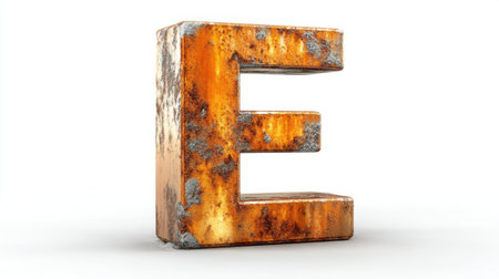 This image features a rusty, weathered metal letter E, showcasing a textured surface with a grunge aesthetic perfect for creative design applications.の素材