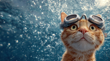 A curious ginger cat wearing swimming goggles looks up, surrounded by sparkling bubbles and beams of sunlight, embodying a playful underwater adventure.の素材