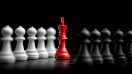 A striking image of a red king chess piece standing out among white pawns on a dark background, representing strategy, competition, and leadership.の素材