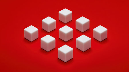 A striking visual of white cubes arranged on a vibrant red background, perfect for artistic projects, design concepts, or minimalist themes.の素材