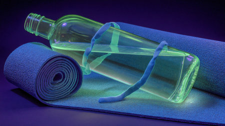 A striking image featuring a vibrant water bottle resting on a yoga mat illuminated by neon lights, symbolizing health and active lifestyle.の素材