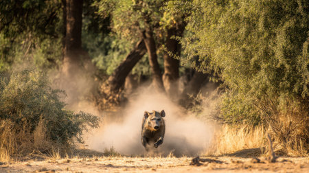 A wild boar dashes through a dusty terrain, leaving a trail of dust in its wake. Surrounded by trees and brush, this scene captures the essence of wildlife in natural habitat.の素材