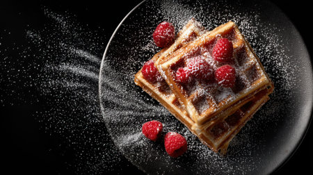 A stunning arrangement of delicious waffles layered with fresh raspberries and sprinkled with powdered sugar, perfect for dessert lovers.の素材