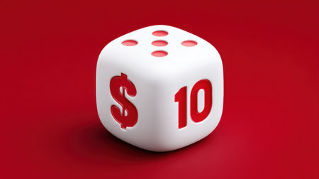 This image features a single white die with a dollar sign and the number ten set against a bold red background, representing financial themes.の素材