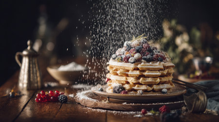 A charming display of fluffy waffles adorned with a medley of fresh berries and a dusting of powdered sugar, set on a rustic wooden table.の素材