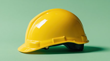 This image showcases a bright yellow construction helmet, a vital safety gear for workers. The helmet is set against a green background, emphasizing its significance in promoting safety in construction and other industries.の素材