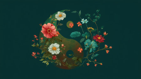 This beautiful floral yin yang design features vibrant flowers against an elegant green background, symbolizing balance and harmony in nature.の素材