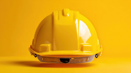 A bright yellow hard hat is shown against a solid yellow background, symbolizing safety and protection in the construction industry, perfect for promotional material.の素材