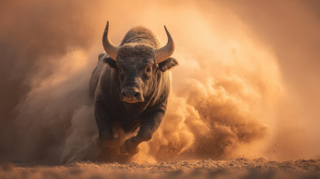 A striking image of a powerful buffalo charging through a dusty landscape at sunset. This photograph captures the raw strength and majesty of wildlife in a breathtaking moment.の素材