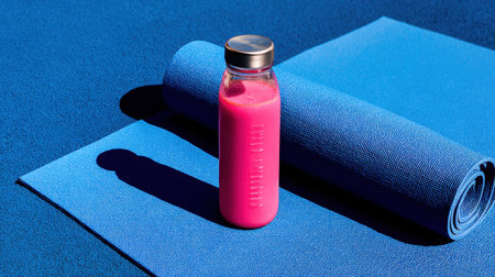 A striking pink smoothie bottle rests on a blue yoga mat, creating a visually appealing contrast ideal for fitness, health, and wellness themes.の素材