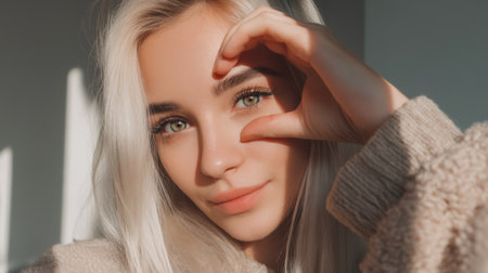 A young woman with long blonde hair creates a heart shape with her hand, showcasing a warm smile in natural light, evoking feelings of joy and love.の素材