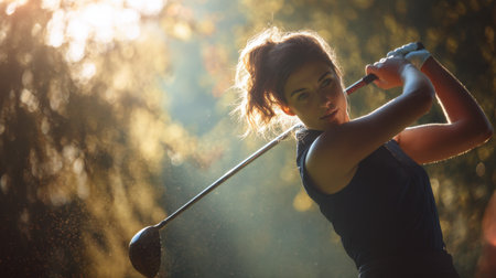 A focused female golfer is captured mid-swing in a beautiful outdoor setting, bathed in soft sunlight, emphasizing skill and grace.の素材