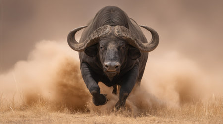 A powerful African buffalo charges through a cloud of dust, embodying the raw strength and wild beauty of nature in this stunning wildlife capture.の素材