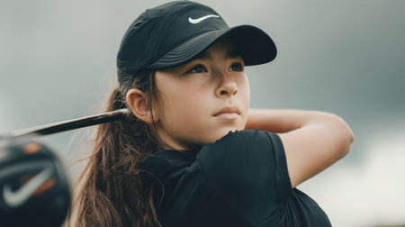 A determined young female golfer stands poised, focusing on her next swing. The cloudy sky sets a dramatic backdrop as she prepares for her shot.の素材