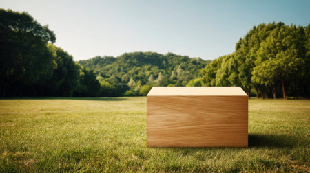 A wooden box sits on lush green grass under a clear blue sky, surrounded by a serene landscape of trees and hills, inviting creativity and peace.の素材