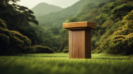 A striking wooden pedestal stands gracefully in a serene natural environment, surrounded by vibrant greenery and distant mountains. The soft sunlight highlights the craftsmanship, creating a tranquil atmosphere perfect for artistic displays or meditation.の素材