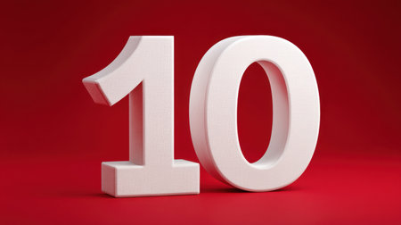 This striking image features a white numeral ten set against a bold red background, showcasing a minimalist design perfect for modern themes and concepts.の素材