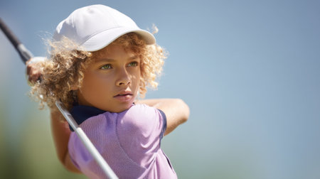 A young golfer practices their swing outside, showcasing concentration and determination under bright sunlight, embodying the spirit of sport.の素材