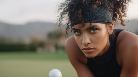 A determined female athlete prepares for a golf swing on a lush green course, showcasing focus and intensity in her expression. The image captures the spirit of sportsmanship.の素材
