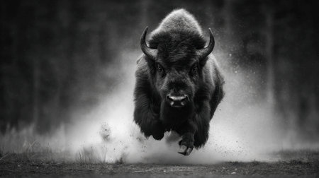 A stunning black and white image of a bison in motion, displaying raw power and wild spirit, symbolizing the beauty of nature.の素材