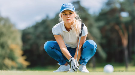 A dedicated female golfer squats on a vibrant green golf course, preparing for her next shot under a clear sky, showcasing concentration and skill.の素材